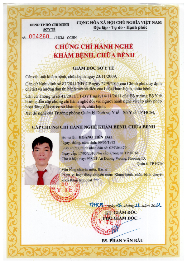 Chứng chỉ hành nghề Bs Hoàng Tiến Đạt